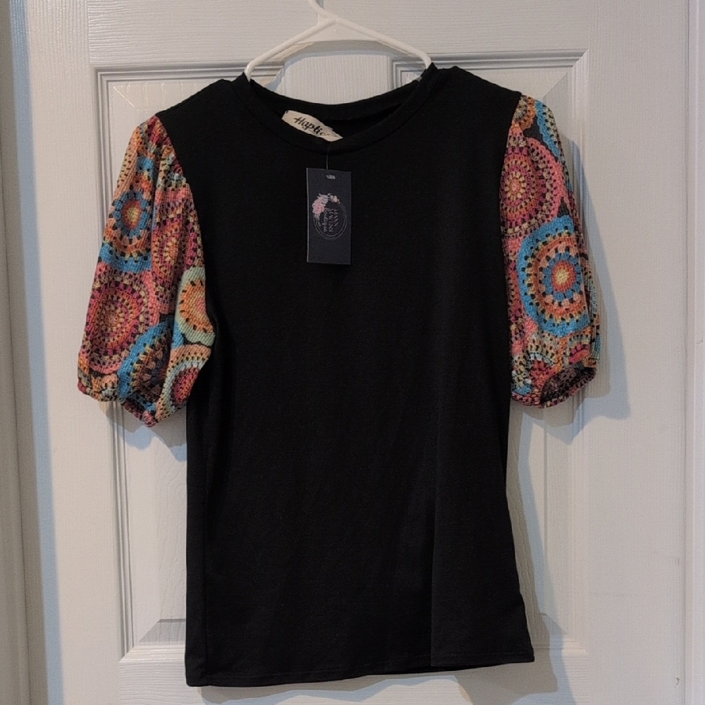 Chic Black Top with Multicolor Crochet Sleeves